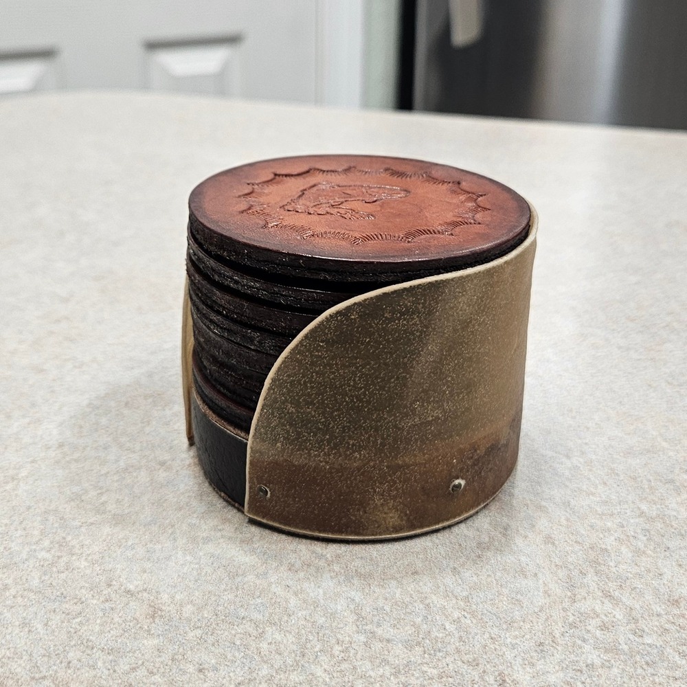 Handmade Leather Coaster‎ Set 9pc Brown Wildlife Embossed Rustic Cabin Lodge - Picture 2 of 8